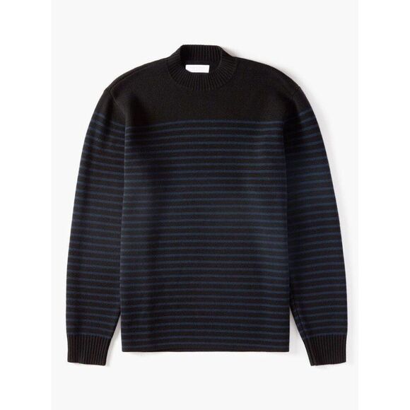 Everlane men's black blue stripe midweight Merino wool blend mockneck sweater
